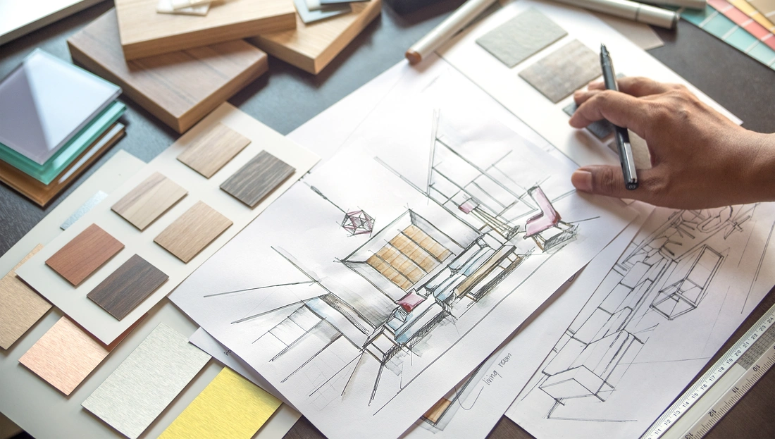 Interior designer presenting materials and finishes for a custom home