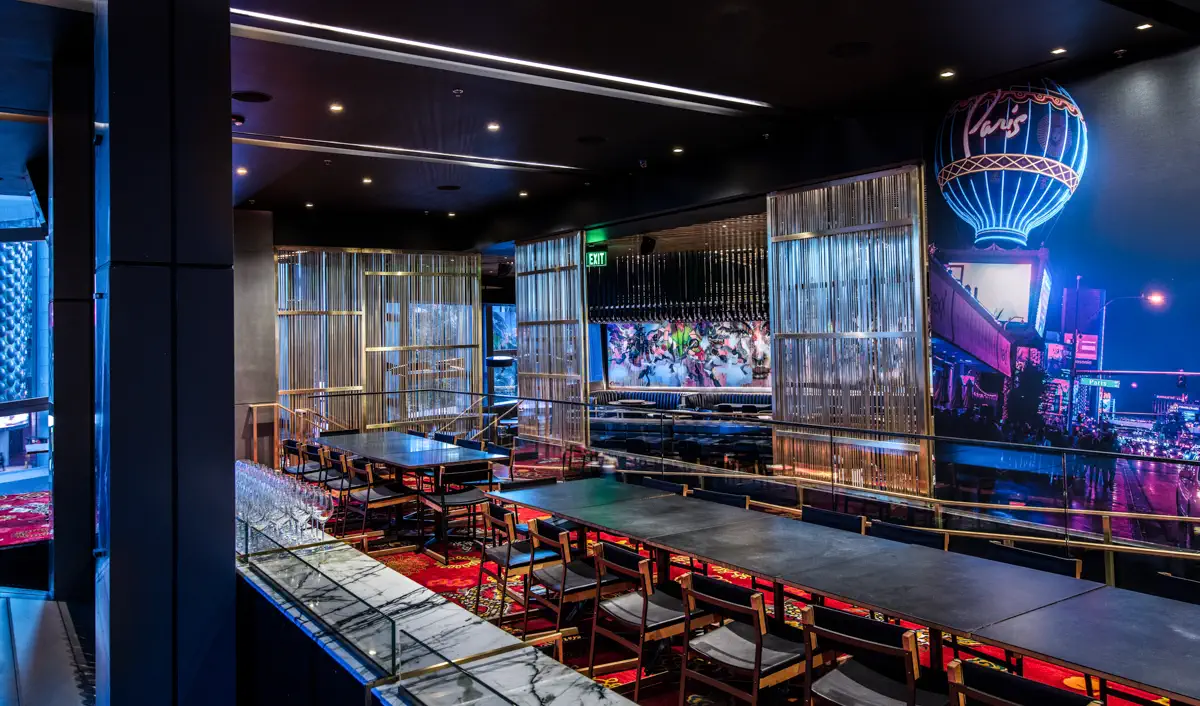 Momofuku Las Vegas restaurant seating and millwork detail.