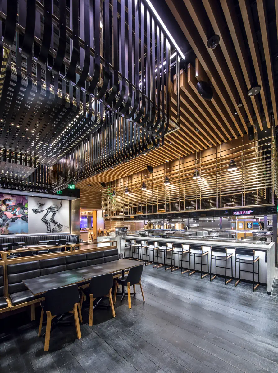 Momofuku restaurant bar and dining construction detail in Las Vegas.